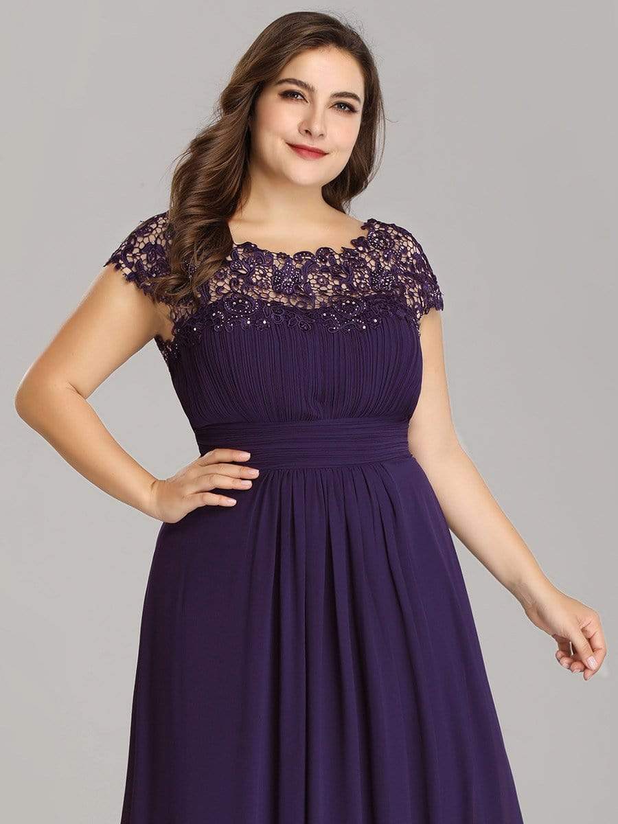 Plus Size Maxi Long Formal Lace Cap Sleeve Evening Dress #color_Dark Purple 