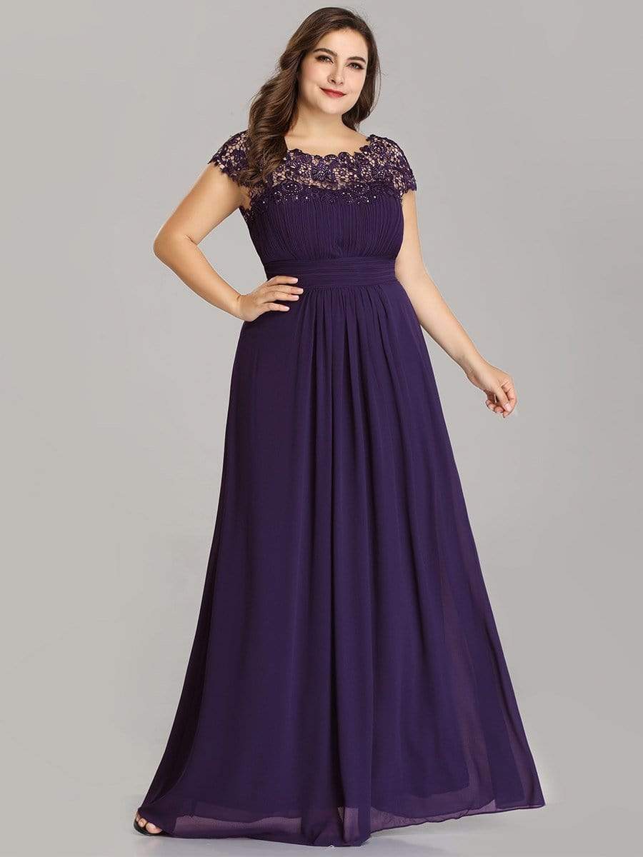 Elegant Lace Cap Sleeve Maxi Long Chiffon Bridesmaid Dress #color_Dark Purple 