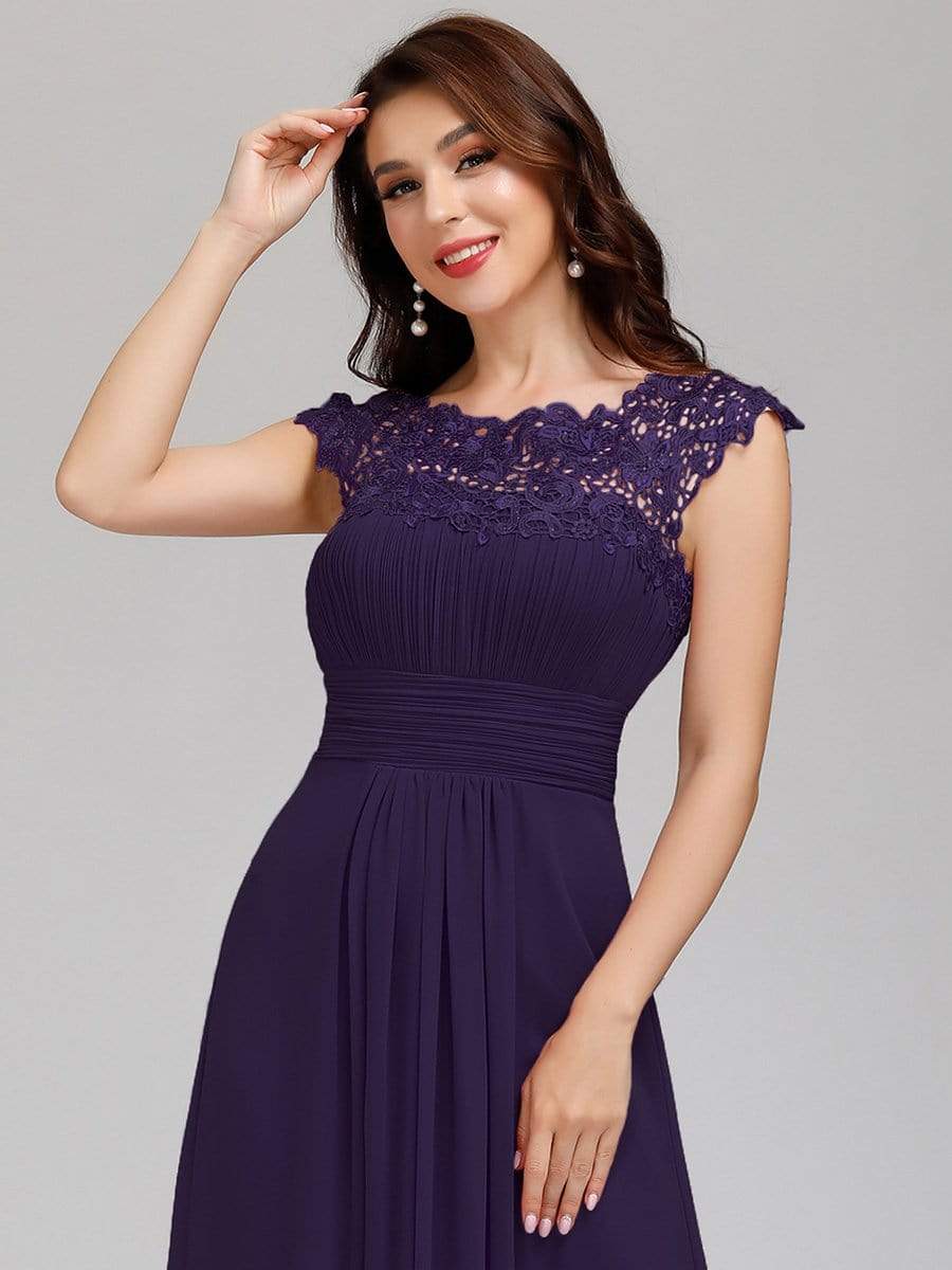 Elegant Lace Cap Sleeve Maxi Long Chiffon Bridesmaid Dress #color_Dark Purple 