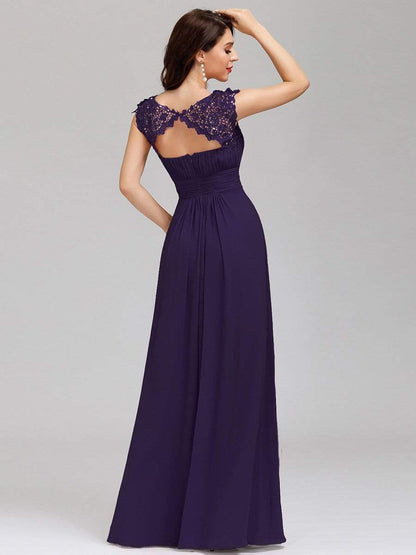 Elegant Lace Cap Sleeve Maxi Long Chiffon Bridesmaid Dress #color_Dark Purple 