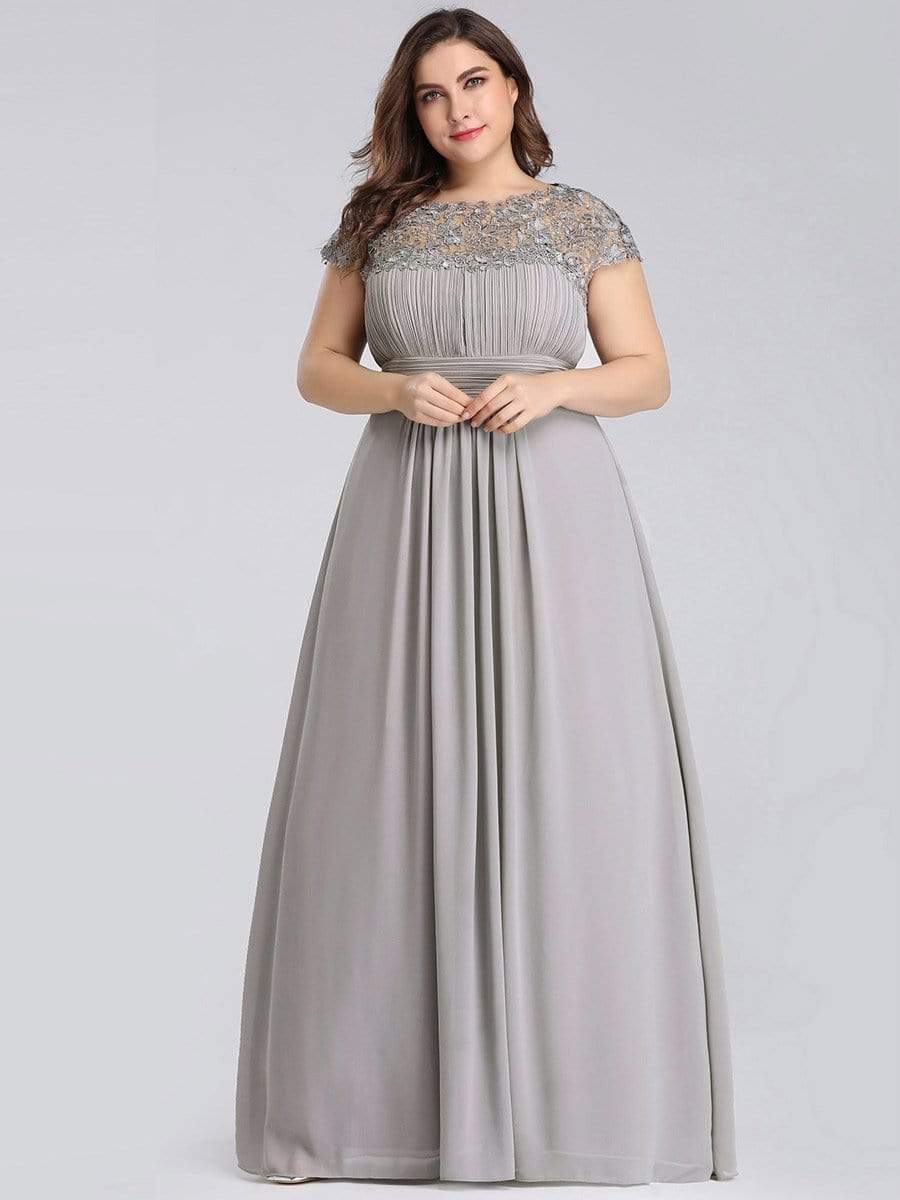 Elegant Lace Cap Sleeve Maxi Long Chiffon Bridesmaid Dress #color_Grey 