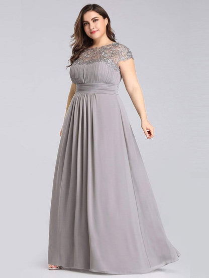 Elegant Lace Cap Sleeve Maxi Long Chiffon Bridesmaid Dress #color_Grey 