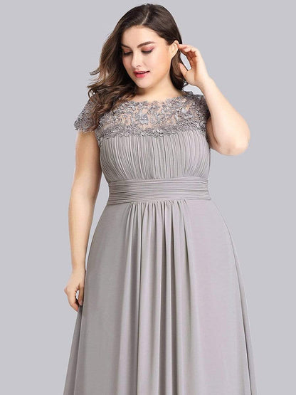 Plus Size Maxi Long Formal Lace Cap Sleeve Evening Dress #color_Grey 