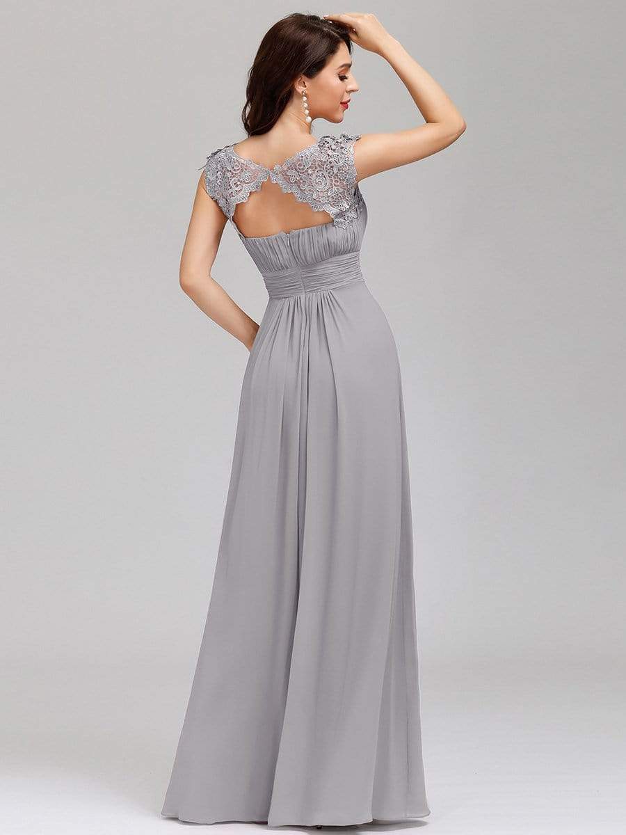 Elegant Lace Cap Sleeve Maxi Long Chiffon Bridesmaid Dress #color_Grey 