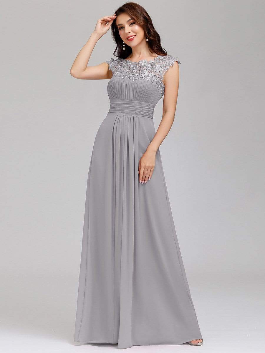 Elegant Lace Cap Sleeve Maxi Long Chiffon Bridesmaid Dress #color_Grey 