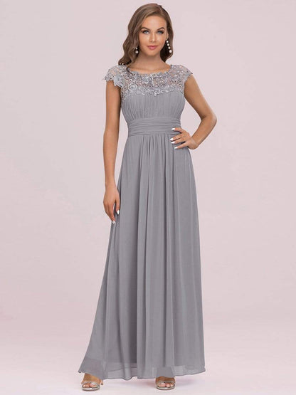 Elegant Lace Cap Sleeve Maxi Long Chiffon Bridesmaid Dress #color_Grey 