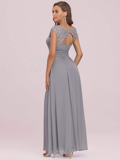 Elegant Lace Cap Sleeve Maxi Long Chiffon Bridesmaid Dress #color_Grey 