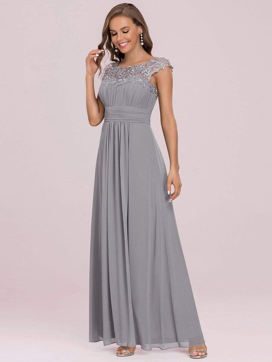 Elegant Lace Cap Sleeve Maxi Long Chiffon Bridesmaid Dress #color_Grey 