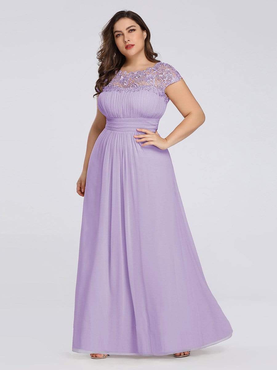 Plus Size Maxi Long Formal Lace Cap Sleeve Evening Dress #color_Lavender 