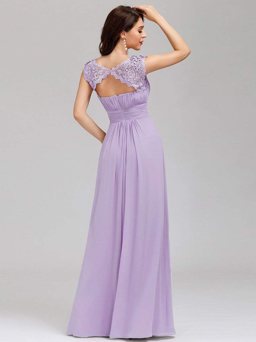 Elegant Maxi Long Lace Bridesmaid Dress with Cap Sleeve #color_Lavender 