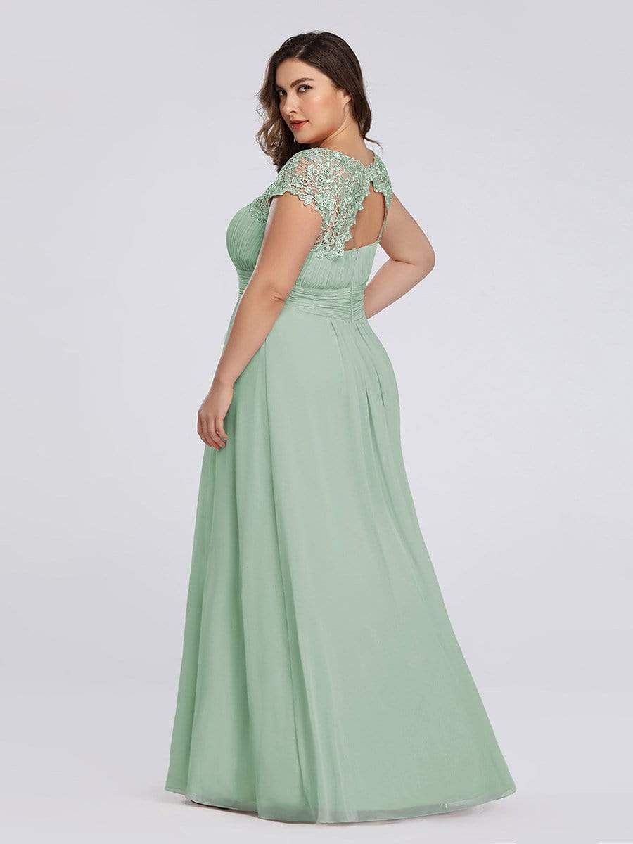 Plus Size Maxi Long Formal Lace Cap Sleeve Evening Dress #color_Mint Green 