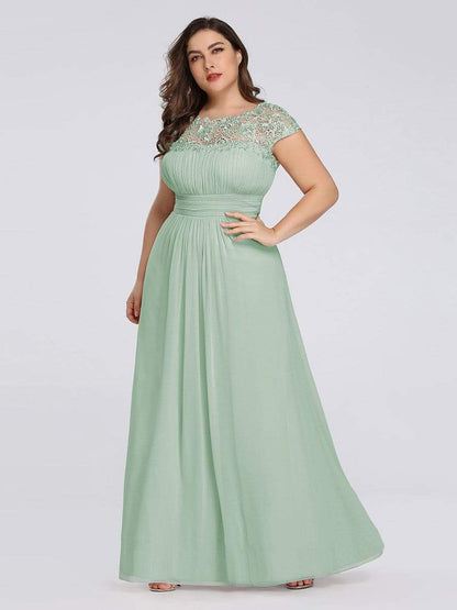 Plus Size Maxi Long Formal Lace Cap Sleeve Evening Dress #color_Mint Green 