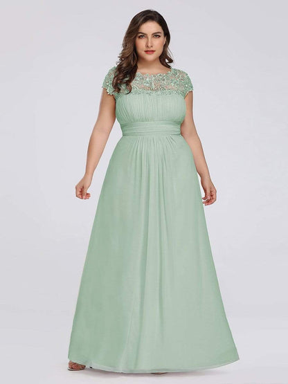 Plus Size Maxi Long Formal Lace Cap Sleeve Evening Dress #color_Mint Green 