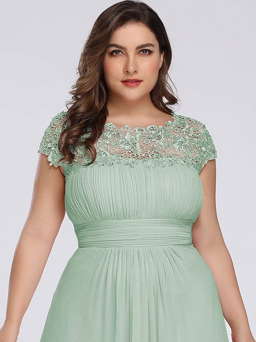 Plus Size Maxi Long Formal Lace Cap Sleeve Evening Dress #color_Mint Green 