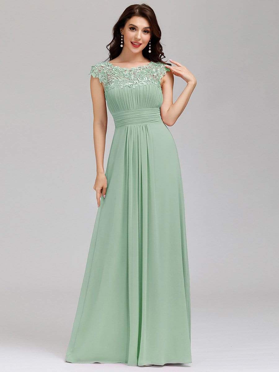 Elegant Lace Cap Sleeve Maxi Long Chiffon Bridesmaid Dress #color_Mint Green 