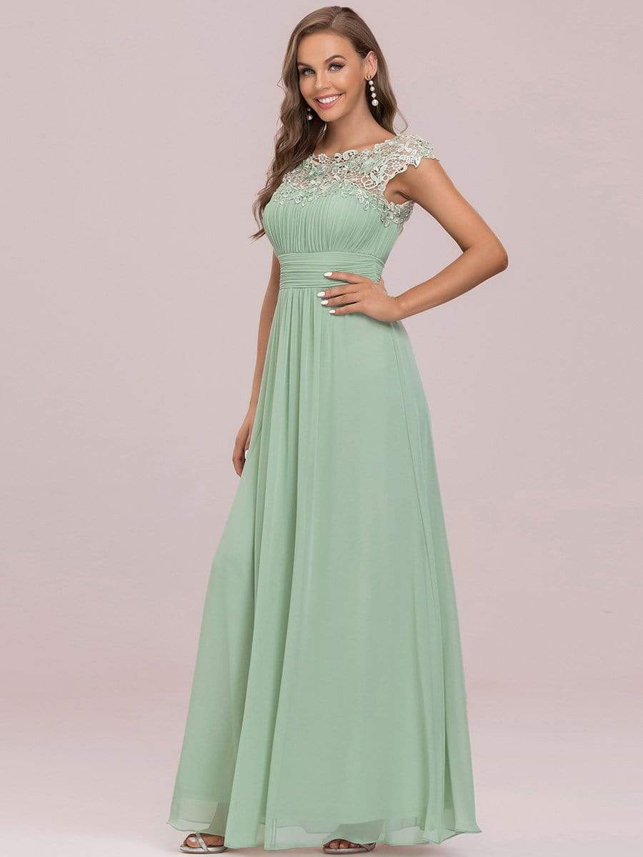 Elegant Lace Cap Sleeve Maxi Long Chiffon Bridesmaid Dress #color_Mint Green 