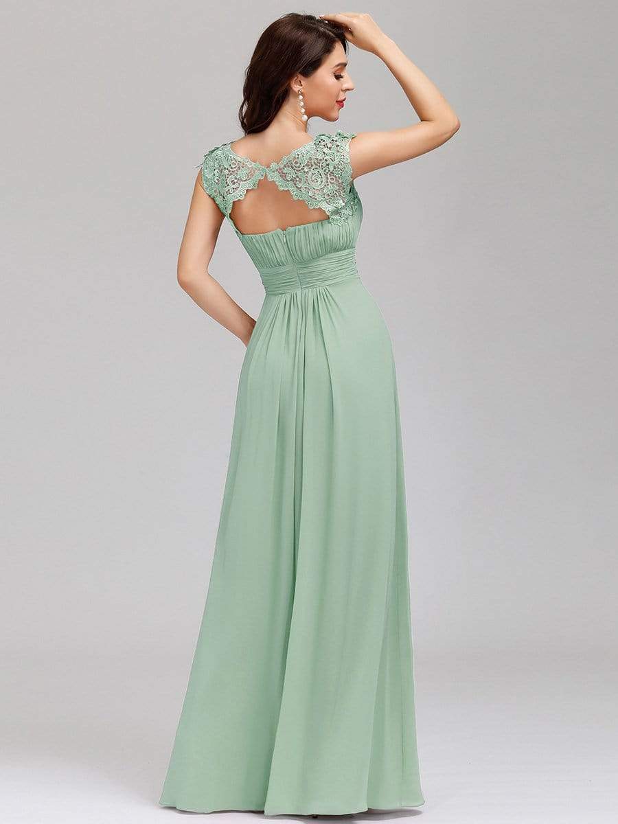 Elegant Lace Cap Sleeve Maxi Long Chiffon Bridesmaid Dress #color_Mint Green 