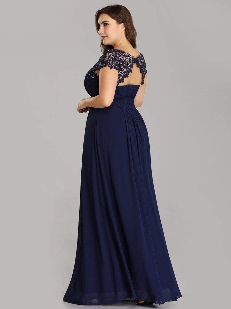 Plus Size Maxi Long Formal Lace Cap Sleeve Evening Dress #color_Navy Blue 