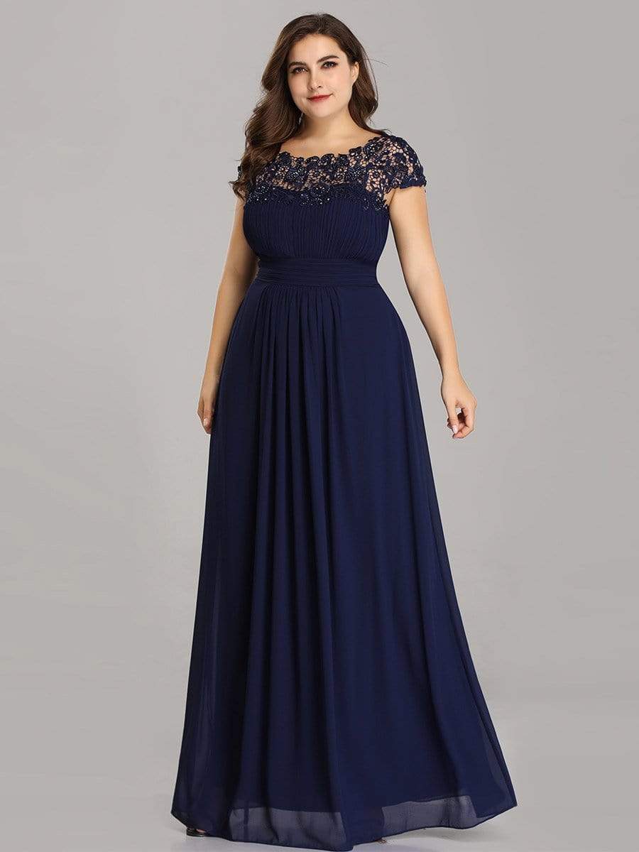 Plus Size Maxi Long Formal Lace Cap Sleeve Evening Dress #color_Navy Blue 