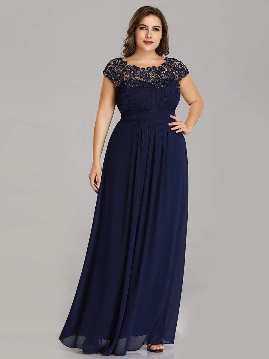 Plus Size Maxi Long Formal Lace Cap Sleeve Evening Dress #color_Navy Blue 