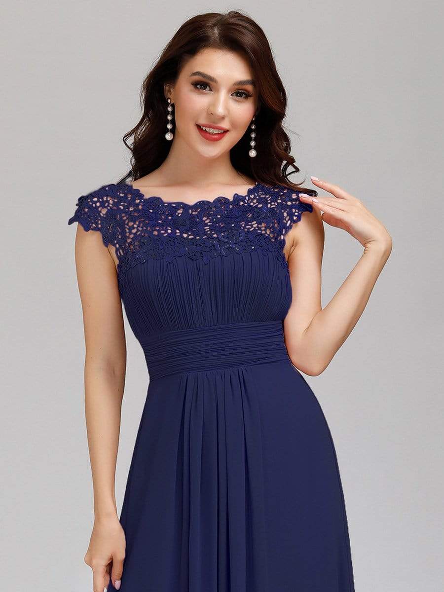 Elegant Maxi Long Lace Bridesmaid Dress with Cap Sleeve #color_Navy Blue 