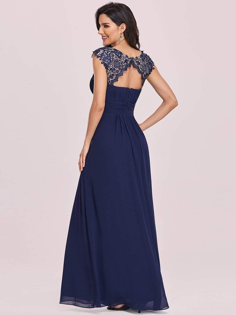 Elegant Maxi Long Lace Bridesmaid Dress with Cap Sleeve #color_Navy Blue 