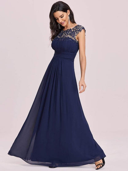 Elegant Maxi Long Lace Bridesmaid Dress with Cap Sleeve #color_Navy Blue 