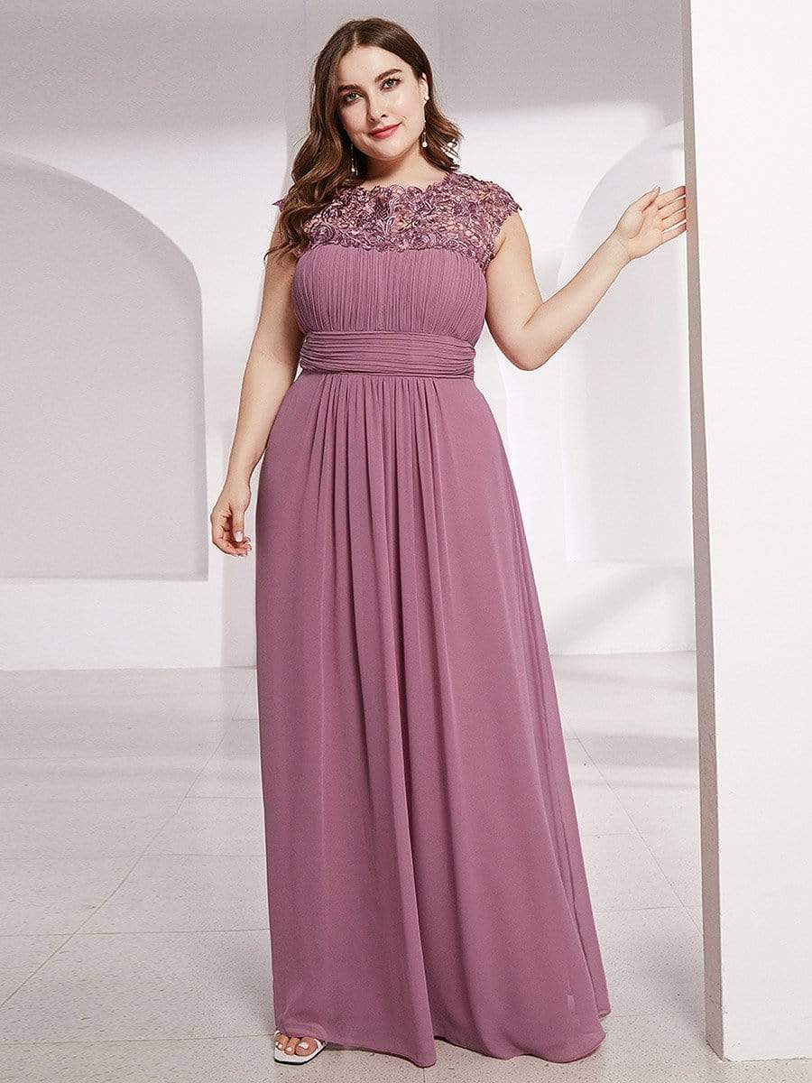 Plus Size Maxi Long Formal Lace Cap Sleeve Evening Dress #color_Purple Orchid 