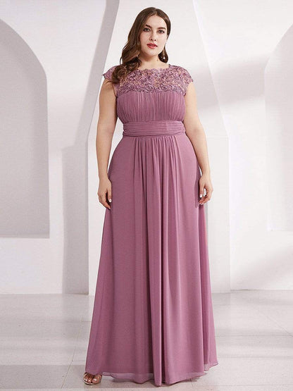 Plus Size Maxi Long Formal Lace Cap Sleeve Evening Dress #color_Purple Orchid 