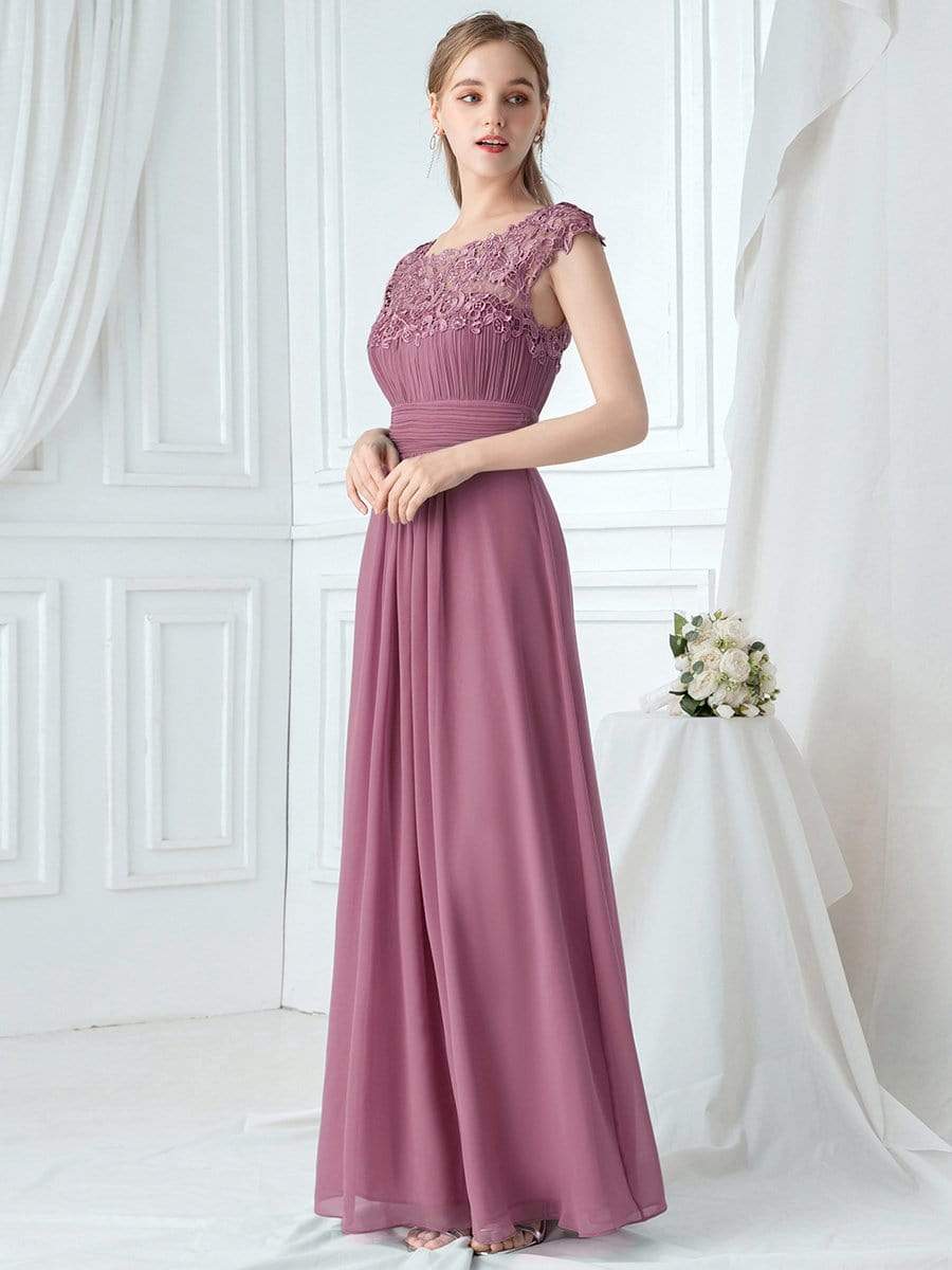 Elegant Lace Cap Sleeve Maxi Long Chiffon Bridesmaid Dress #color_Purple Orchid 