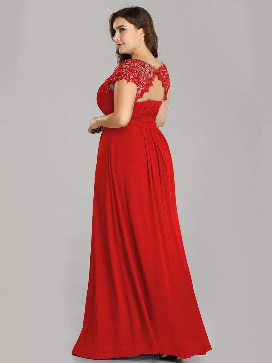 Plus Size Maxi Long Formal Lace Cap Sleeve Evening Dress #color_Red 