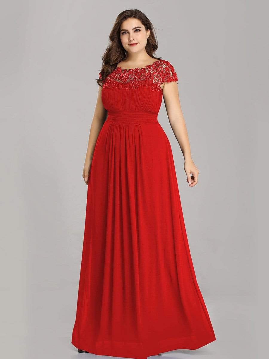 Elegant Maxi Long Lace Bridesmaid Dress with Cap Sleeve #color_Red 