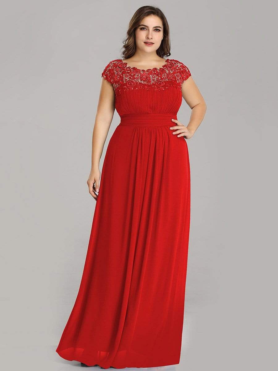 Plus Size Maxi Long Formal Lace Cap Sleeve Evening Dress #color_Red 