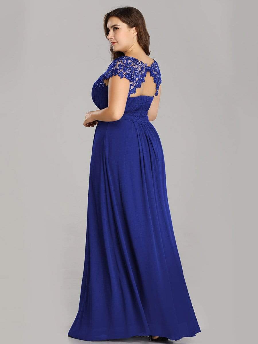 Plus Size Maxi Long Formal Lace Cap Sleeve Evening Dress #color_Sapphire Blue 