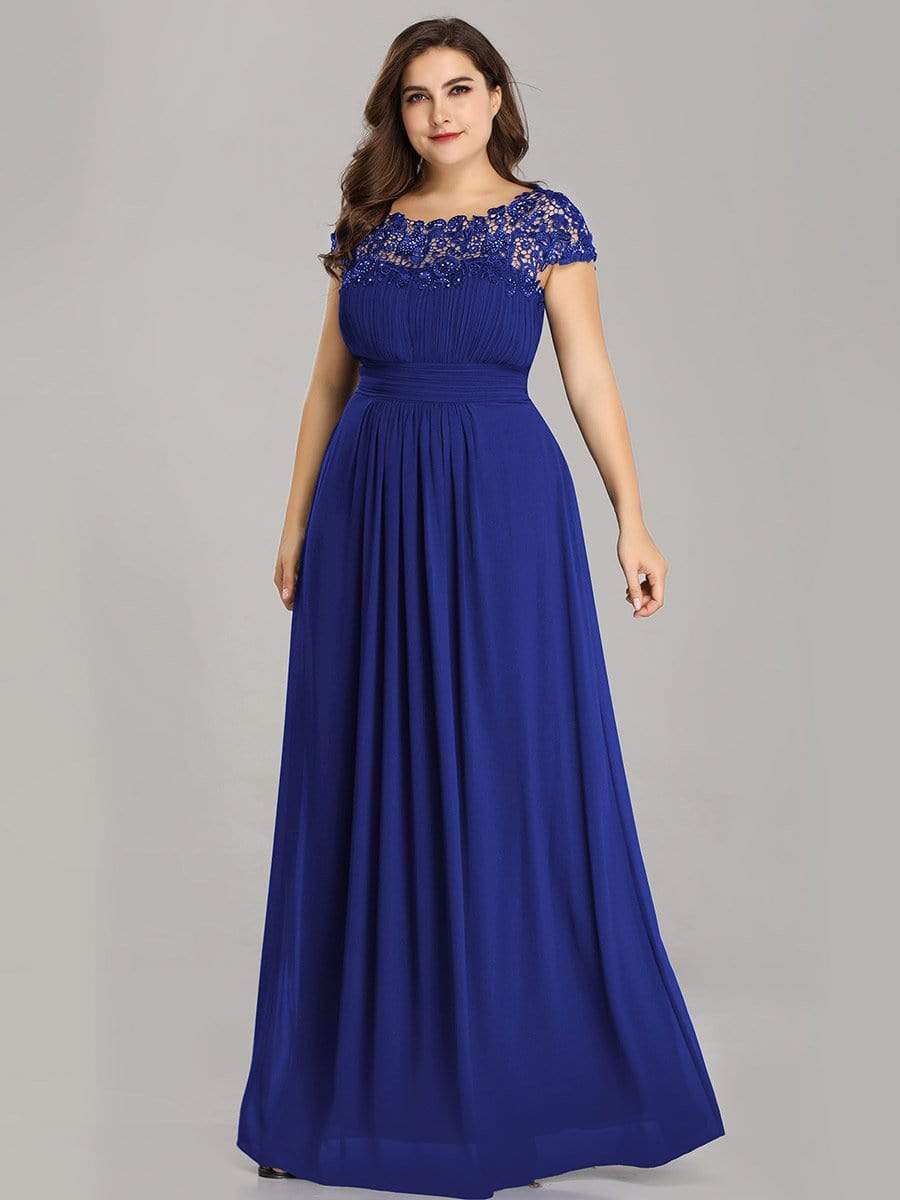 Elegant Lace Cap Sleeve Maxi Long Chiffon Bridesmaid Dress #color_Sapphire Blue 