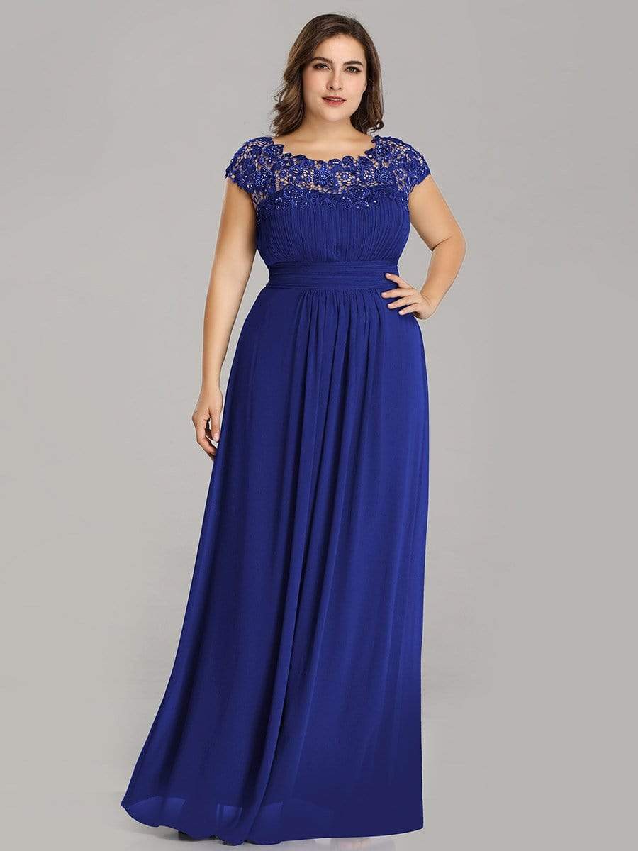 Elegant Lace Cap Sleeve Maxi Long Chiffon Bridesmaid Dress #color_Sapphire Blue 