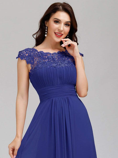 Elegant Lace Cap Sleeve Maxi Long Chiffon Bridesmaid Dress #color_Sapphire Blue 