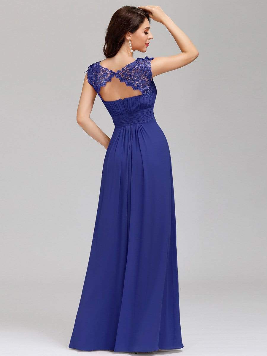 Elegant Lace Cap Sleeve Maxi Long Chiffon Bridesmaid Dress #color_Sapphire Blue 