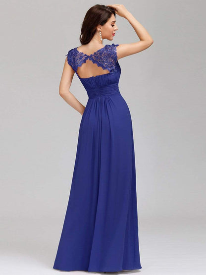 Elegant Lace Cap Sleeve Maxi Long Chiffon Bridesmaid Dress #color_Sapphire Blue 