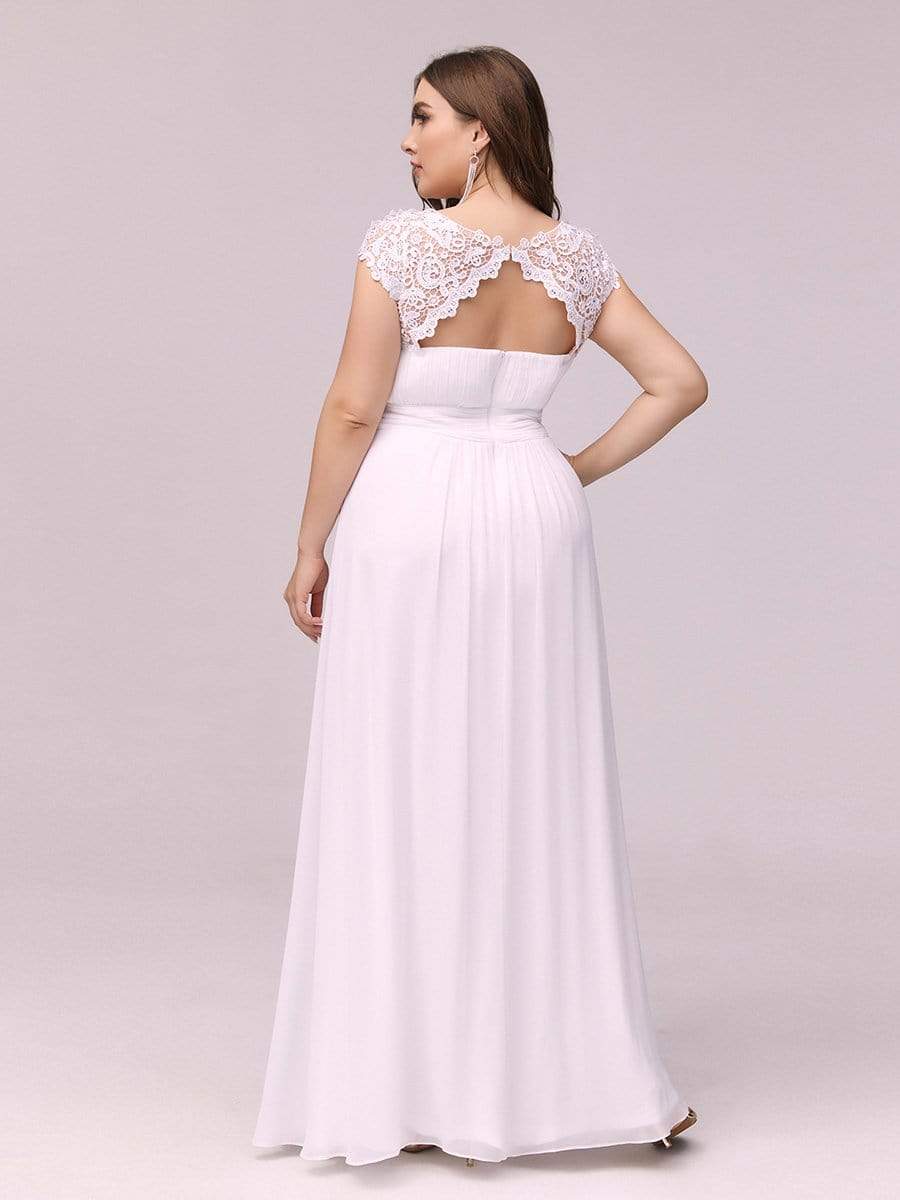 Plus Size Maxi Long Formal Lace Cap Sleeve Evening Dress #color_White 