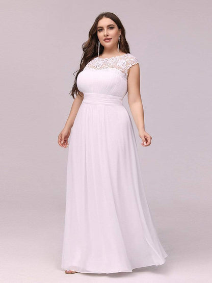 Plus Size Maxi Long Formal Lace Cap Sleeve Evening Dress #color_White 