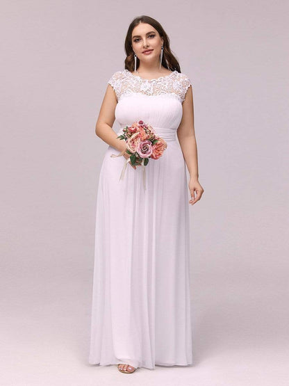 Plus Size Maxi Long Formal Lace Cap Sleeve Evening Dress #color_White 