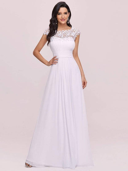 Elegant Maxi Long Lace Bridesmaid Dress with Cap Sleeve #color_White 