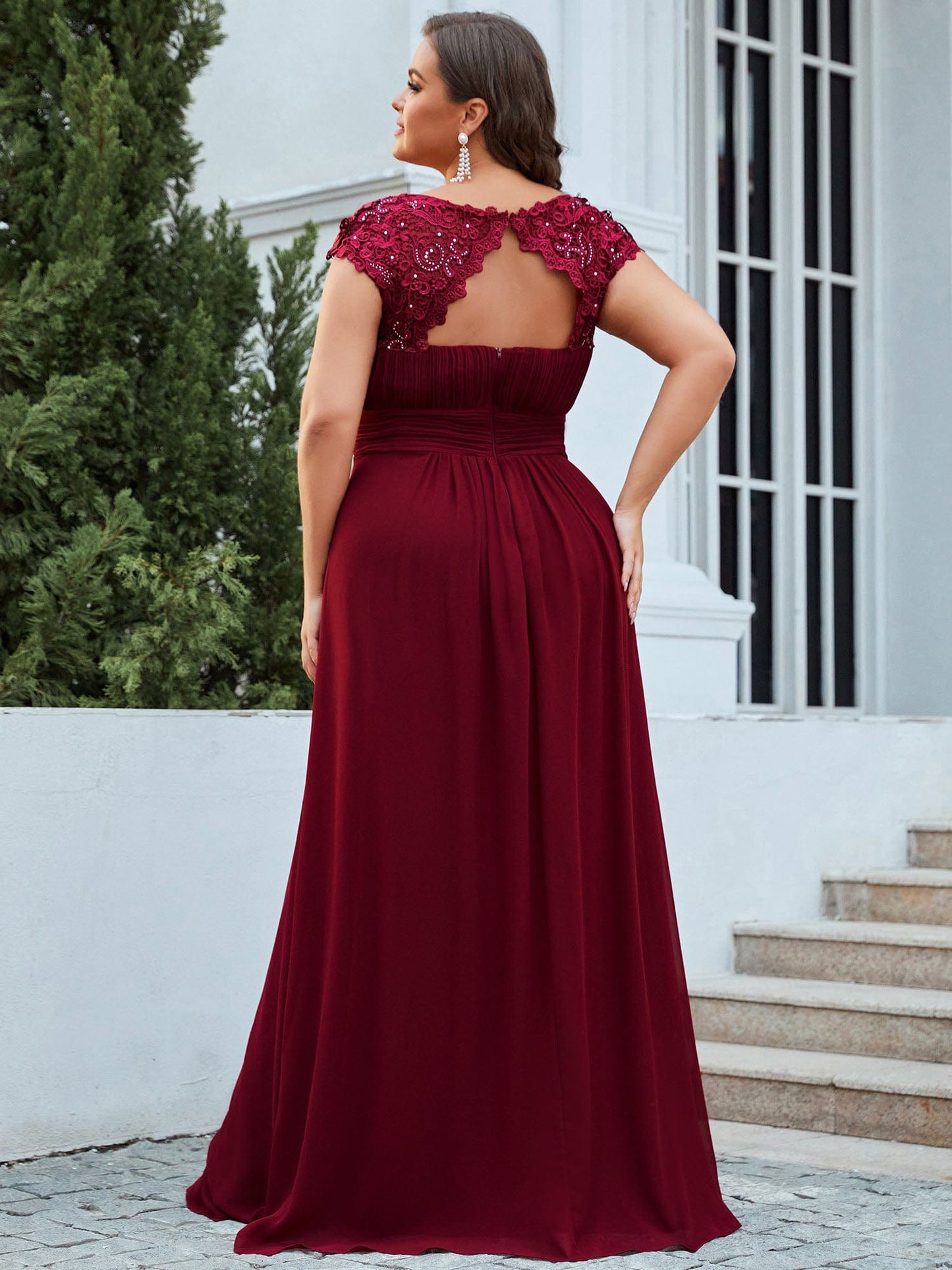 Maxi Lace Cap Sleeve Long Formal Evening Dress #color_Burgundy 