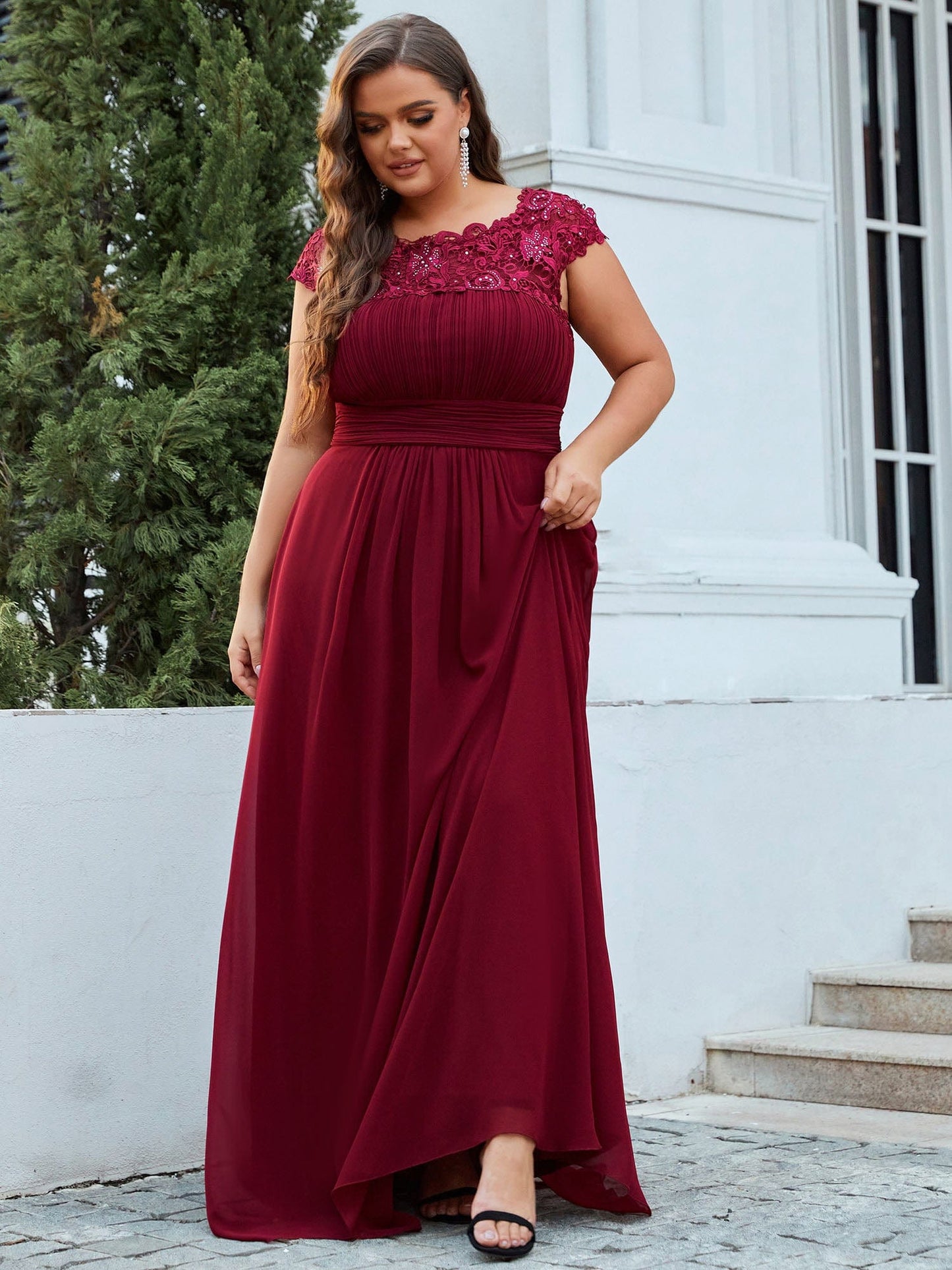 Maxi Lace Cap Sleeve Long Formal Evening Dress #color_Burgundy 