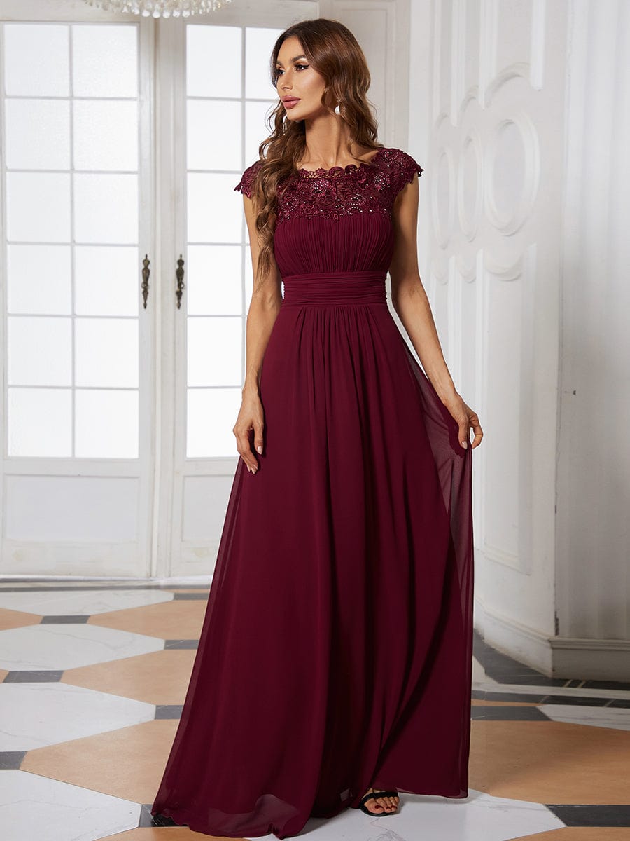 Maxi Lace Cap Sleeve Long Formal Evening Dress #color_Burgundy 