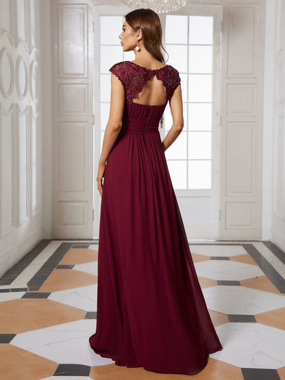 Maxi Lace Cap Sleeve Long Formal Evening Dress #color_Burgundy 