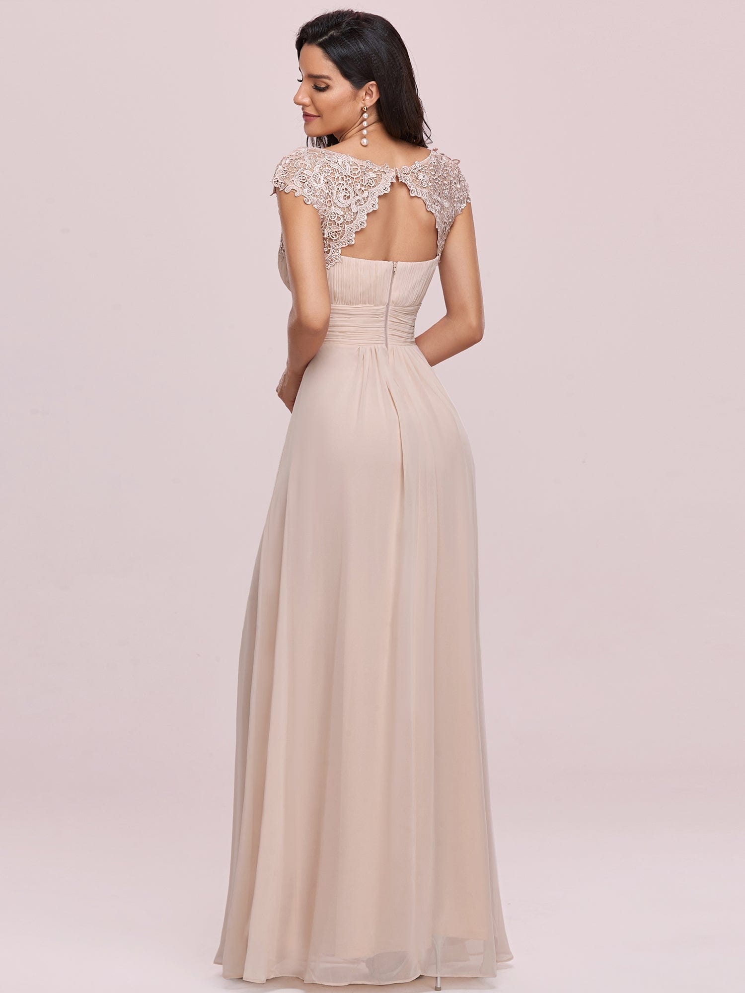 Maxi Lace Cap Sleeve Long Formal Evening Dress #color_Blush 