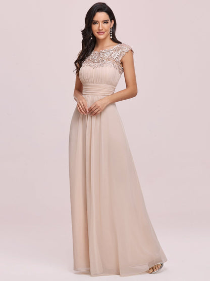 Maxi Lace Cap Sleeve Long Formal Evening Dress #color_Blush 