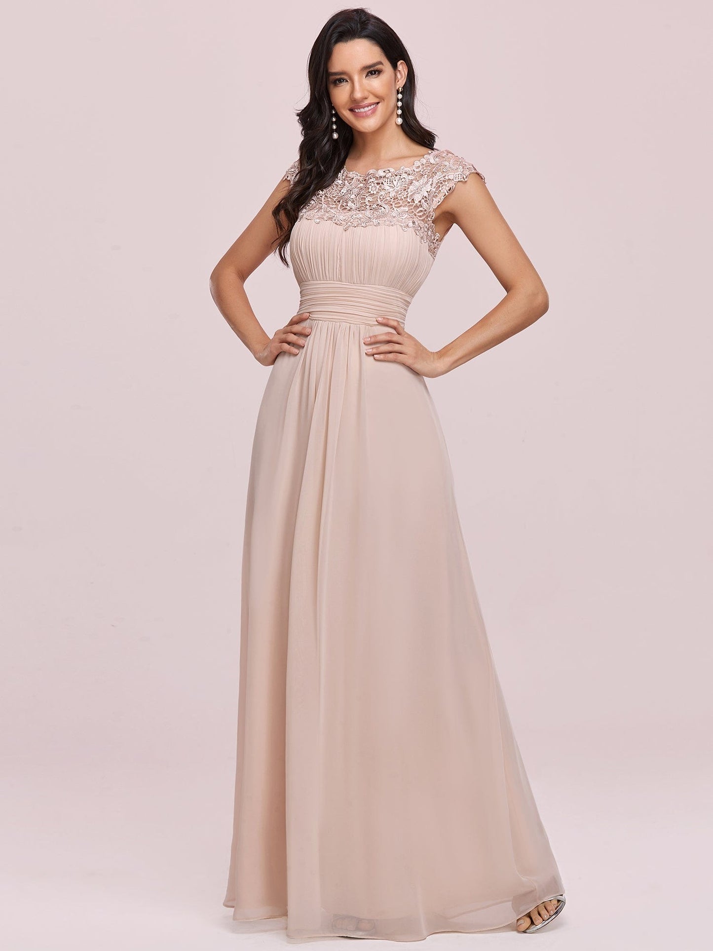 Maxi Lace Cap Sleeve Long Formal Evening Dress #color_Blush 